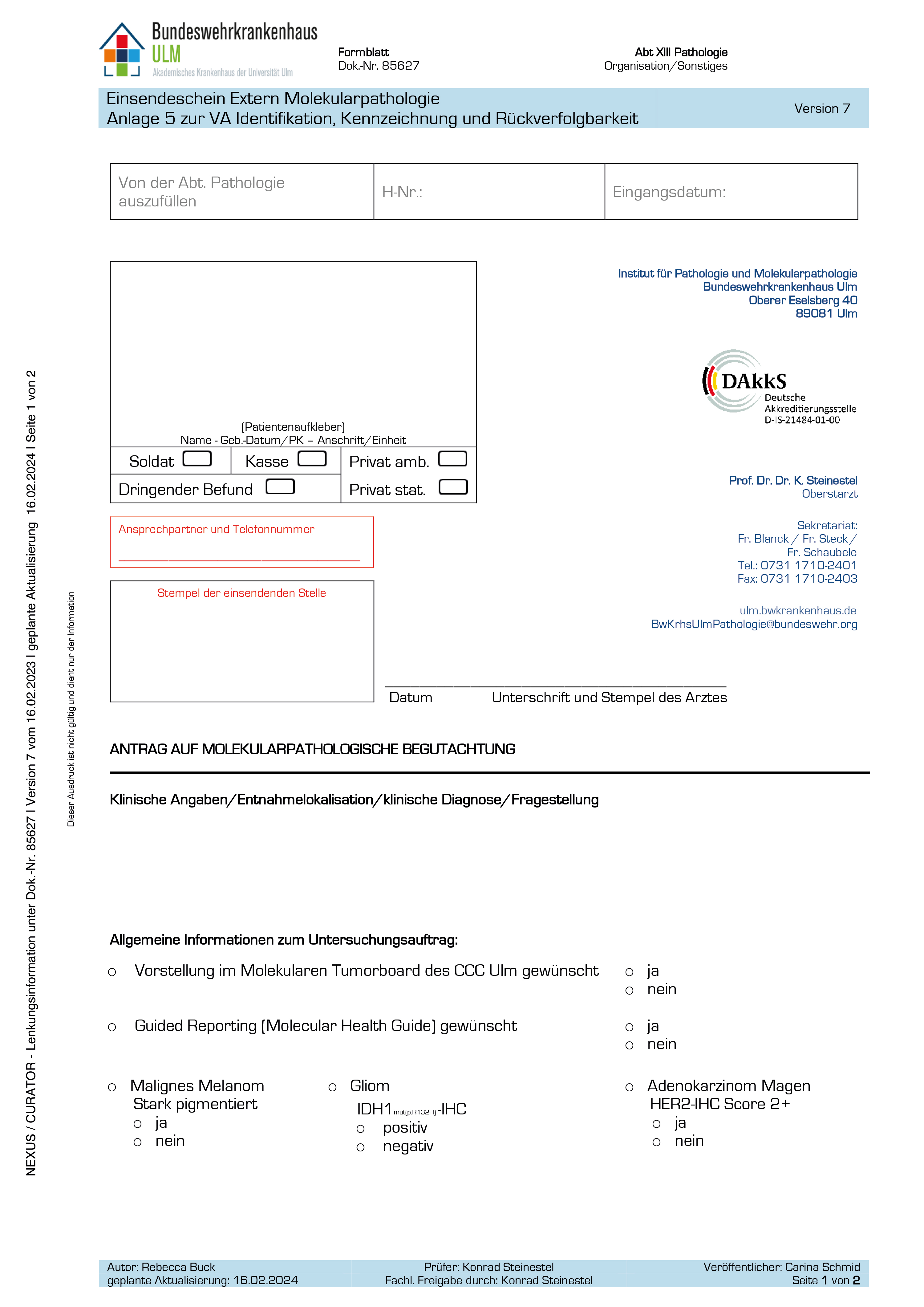 Einsendeschein Molekularpathologie