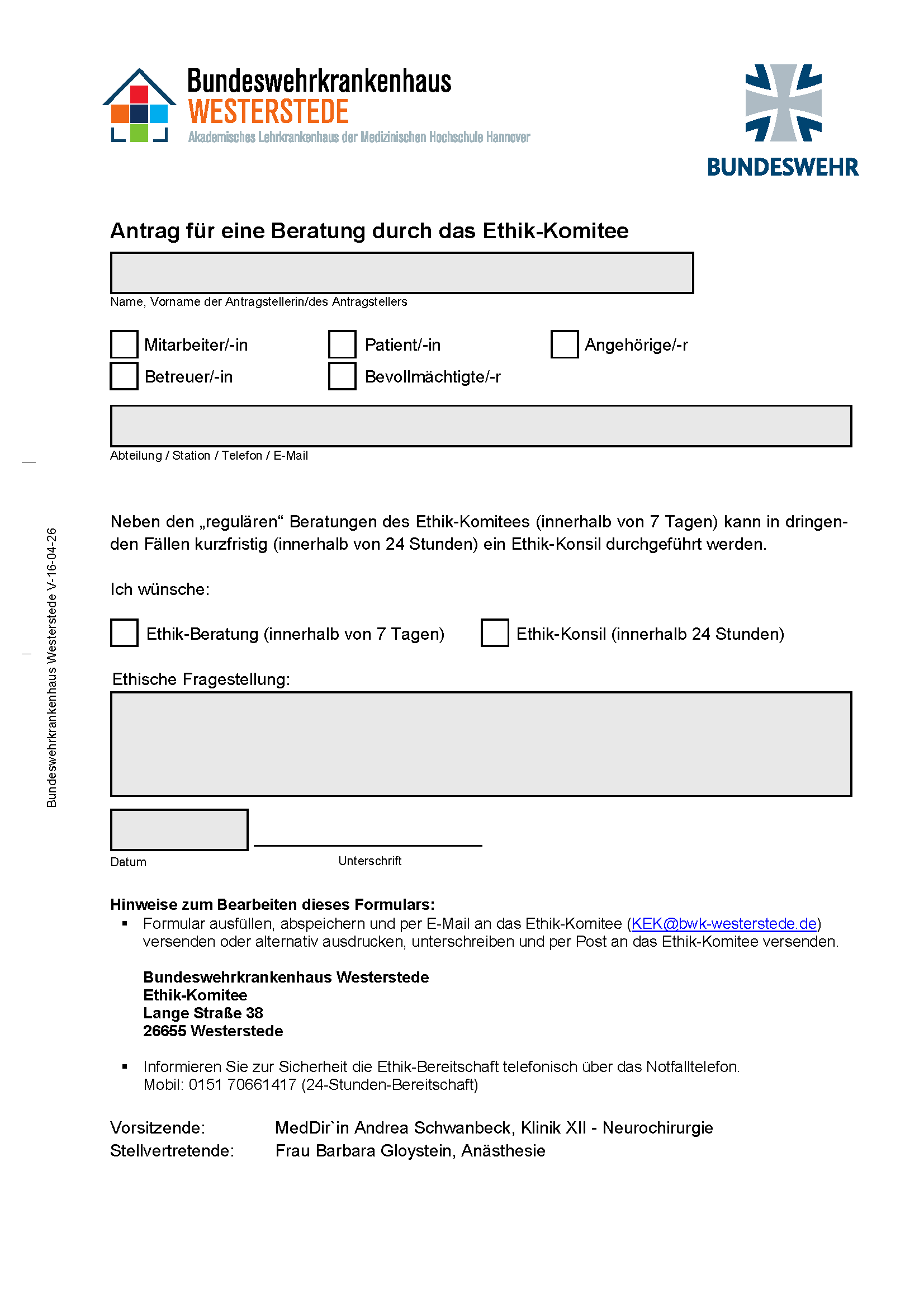 Antrag für eine Beratung durch das Ethik-Komitee