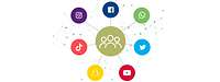 Icons der Social Media-Kanäle in einem Kreis angeordnet