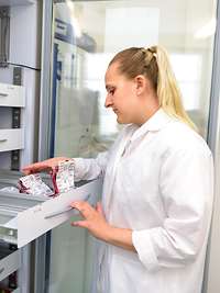 Eine Mitarbeiterin der Abteilung XVI - Laboratoriumsmedizin prüft die Vollblutspenden Eine Mitarbeiterin der Abteilung XVI - Laboratoriumsmedizin prüft die Vollblutspenden