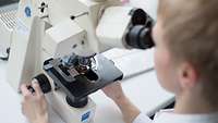Eine Person schaut in ein Mikroskop